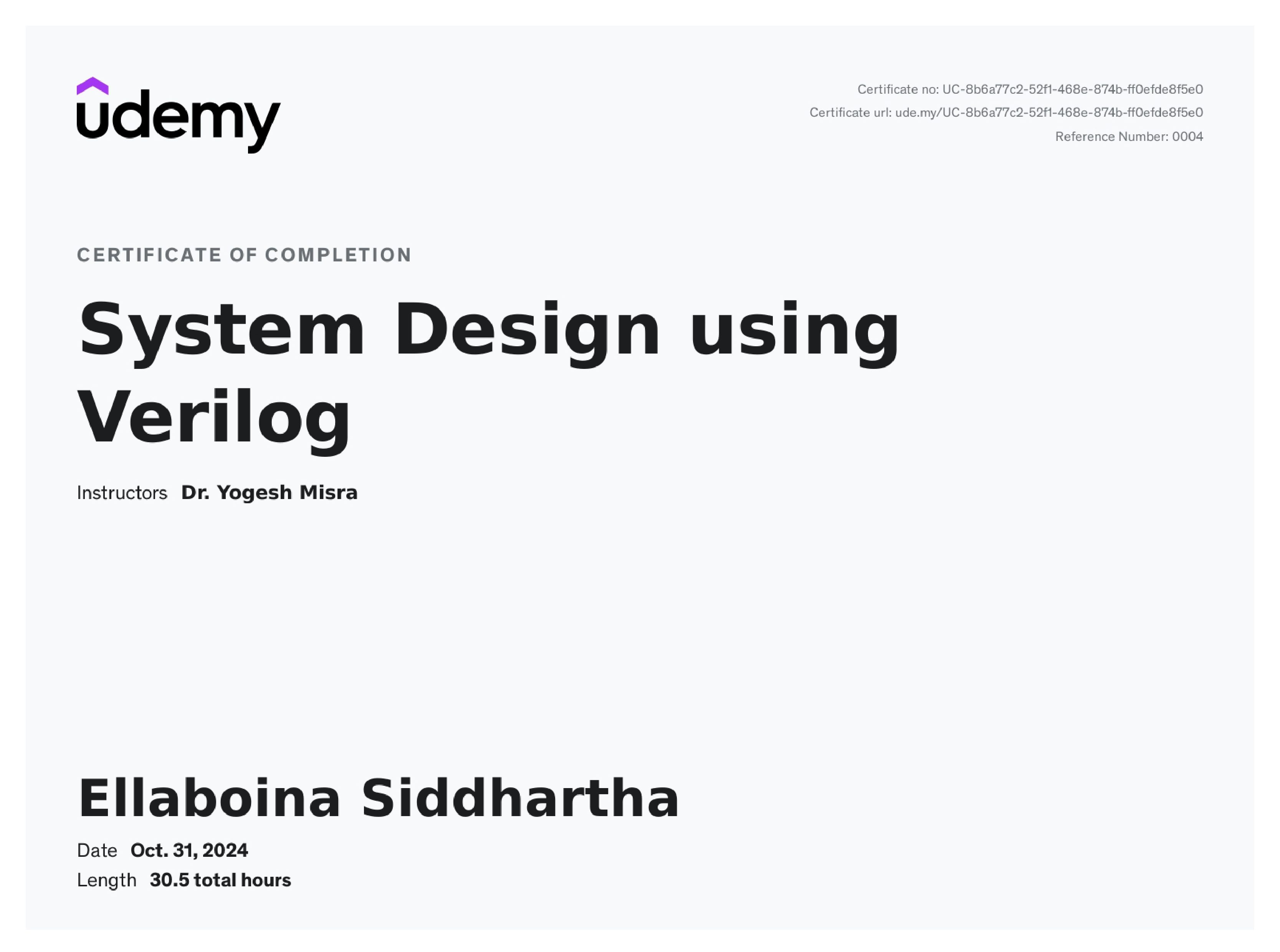 System Design using Verilog Certificate
