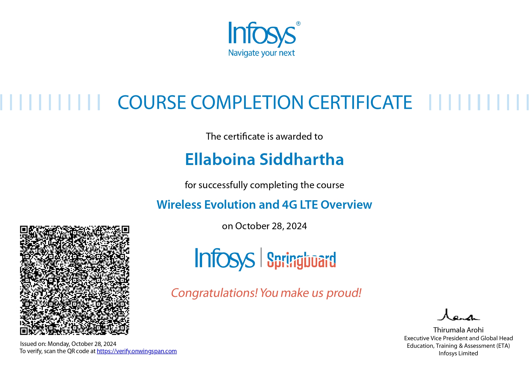 Wireless Evolution and 4G LTE Overview Certificate by Infosys