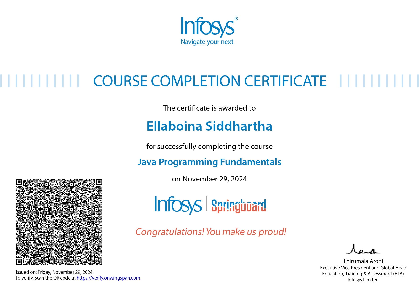 Java Programming Fundamentals Certificate by Infosys