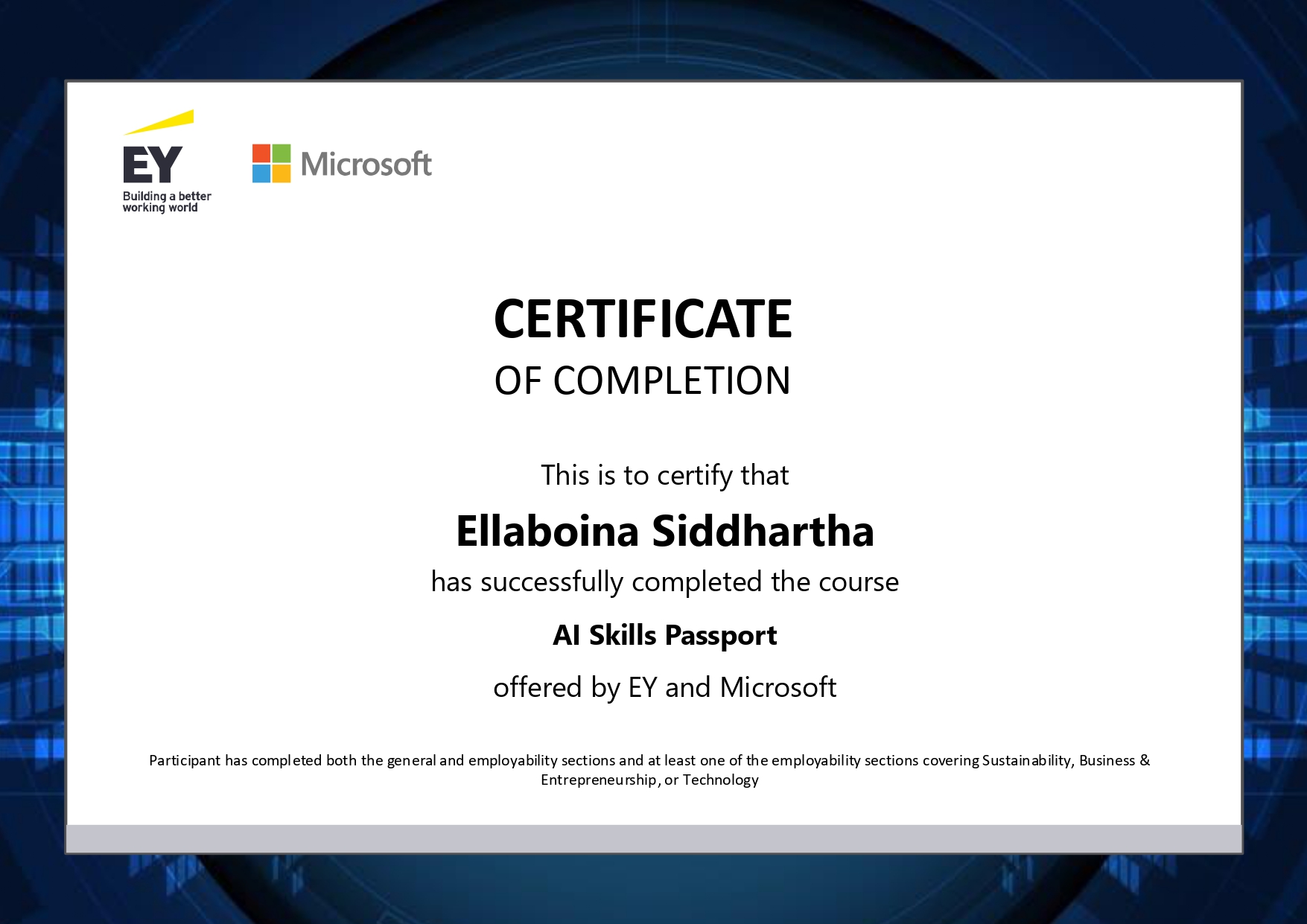 AI Skills Passport Certificate by EY and Microsoft